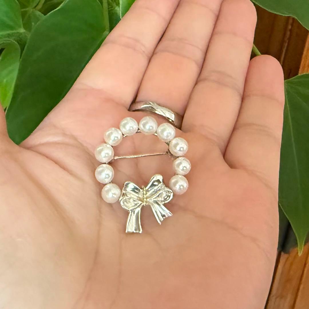 ティファニー925/750アコヤパールリボンリースブローチ　共箱付き