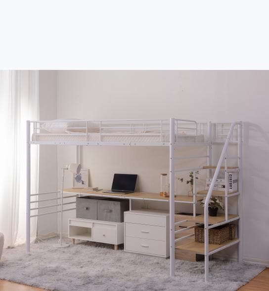 【マットレス付き】ロフトベッド 階段付き パイプベッド シングル コンセント付き