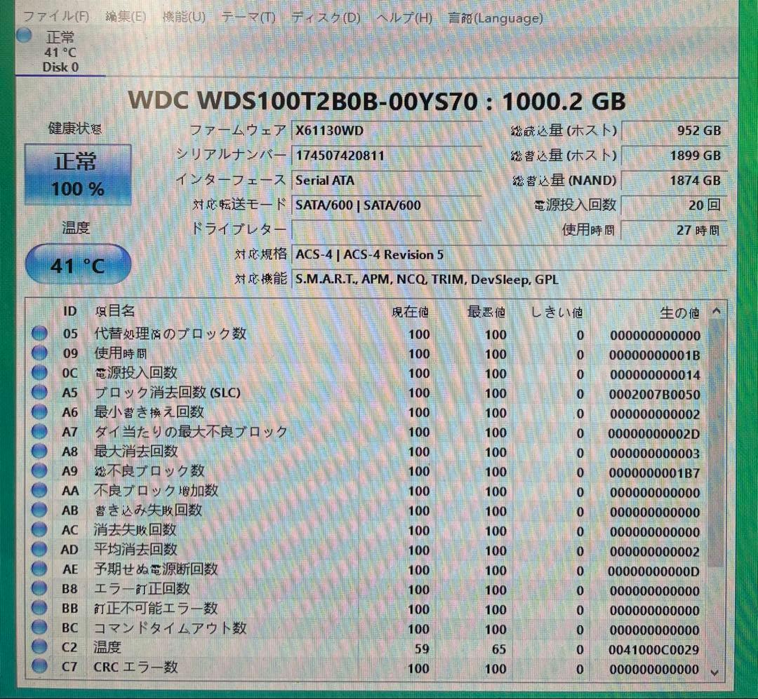 WD BLUE 1TB SSD WDS100T2B0B-00YS70 動作品
