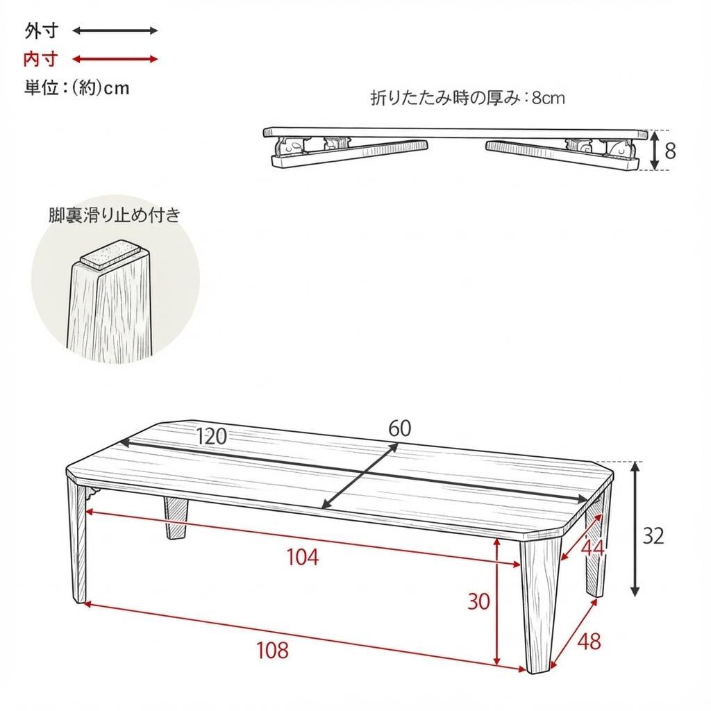 【新品・訳あり】幅 120cm 折りたたみ ローテーブル 角丸デザイン