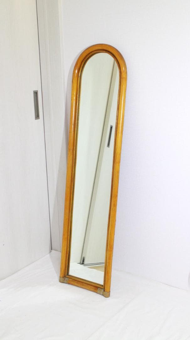 籐ラタン 大型ミラー 鏡 壁掛け アーチ型 全身 姿見 アンティーク