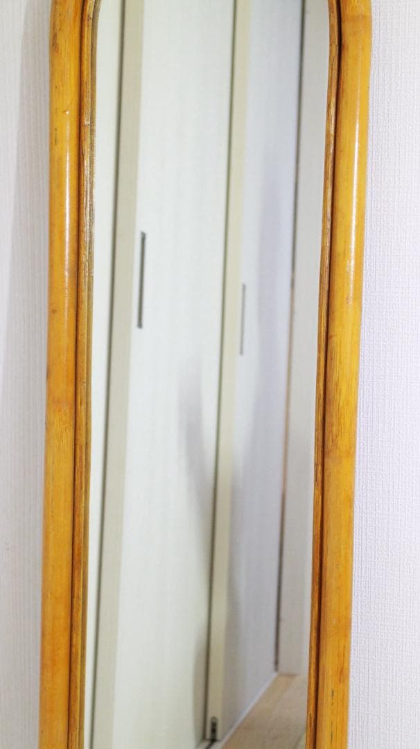 籐ラタン 大型ミラー 鏡 壁掛け アーチ型 全身 姿見 アンティーク