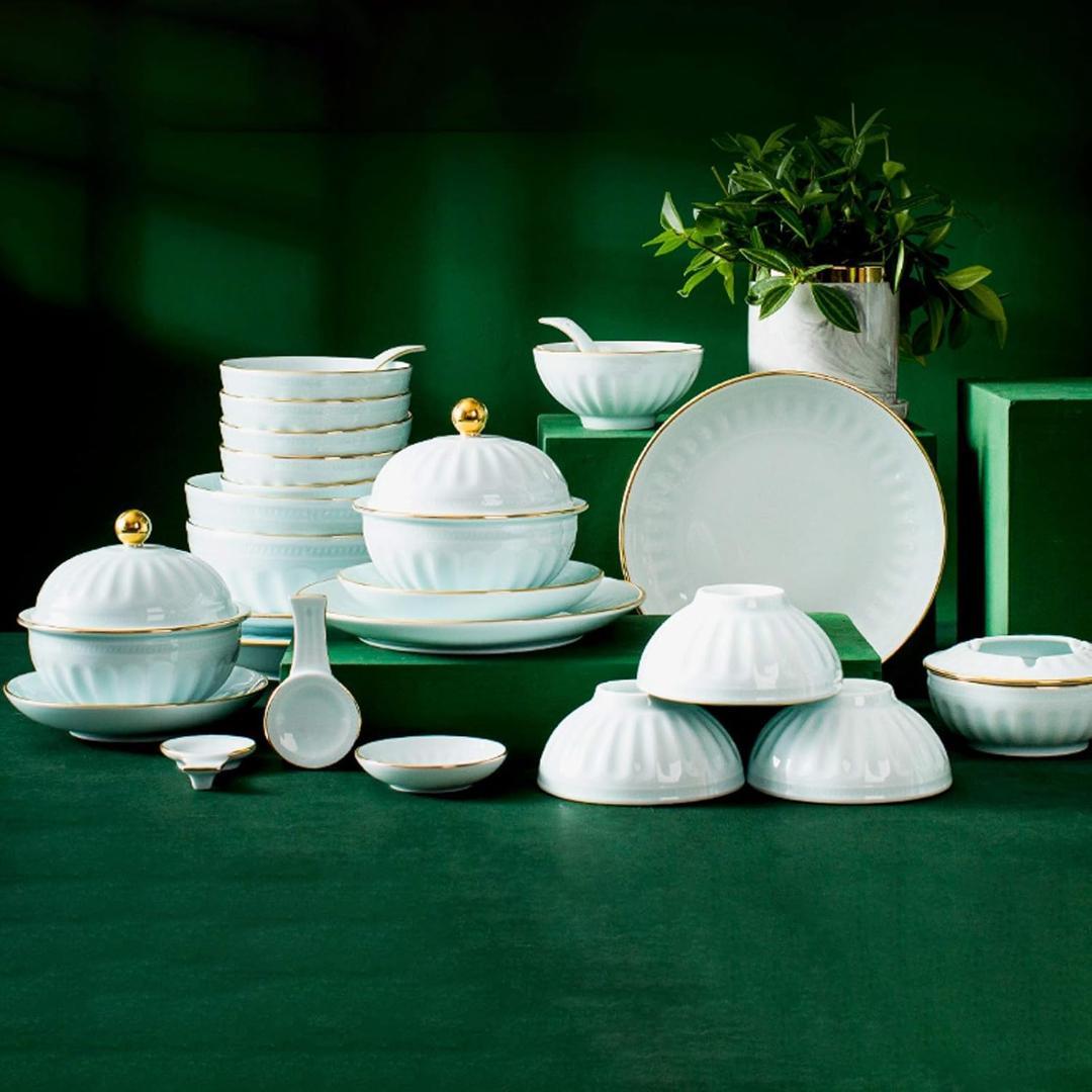 クラシック陶器食器ディナーセット・56ピースギフトボックスレリーフ青磁食器セット