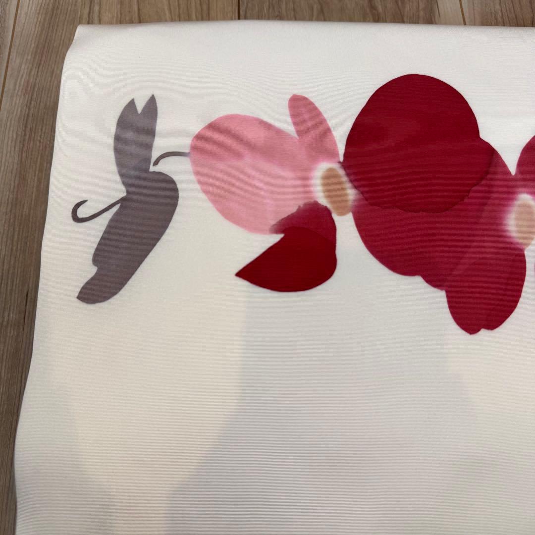 超美品　正絹　九寸　名古屋帯　着物　高久空木　白　赤　ピンク　蘭　374