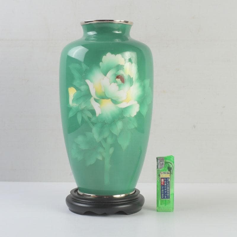 七宝焼　安井幸晴作　牡丹文　花瓶　唐木台付　共箱　V　9556