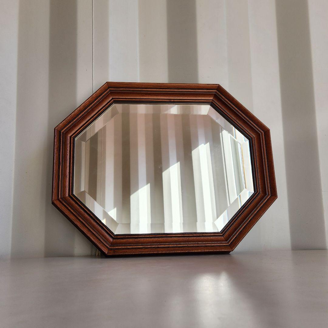 イタリア製　ヴィンテージ　ウォールナット　8角形　ウォールミラー 壁掛け鏡