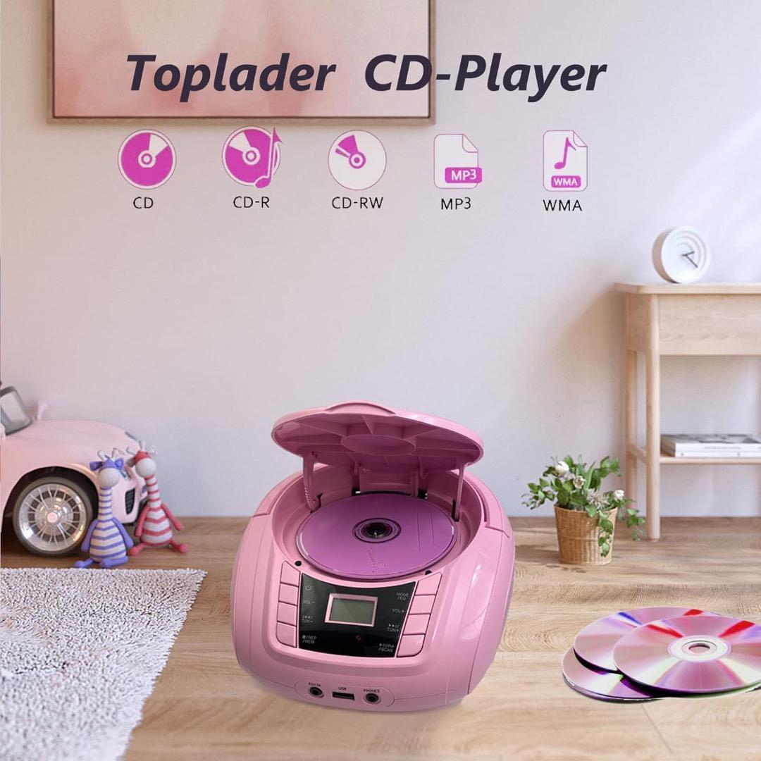 ステレオ CDプレーヤー FMラジオ MP3再生 USB/AUX入力 (ピンク)