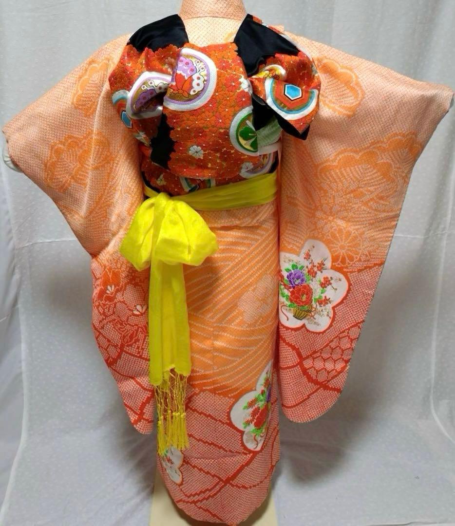七五三　7歳　着物セット　豪華総絞り風柄　 長襦袢、袋帯、小物セット18ー11