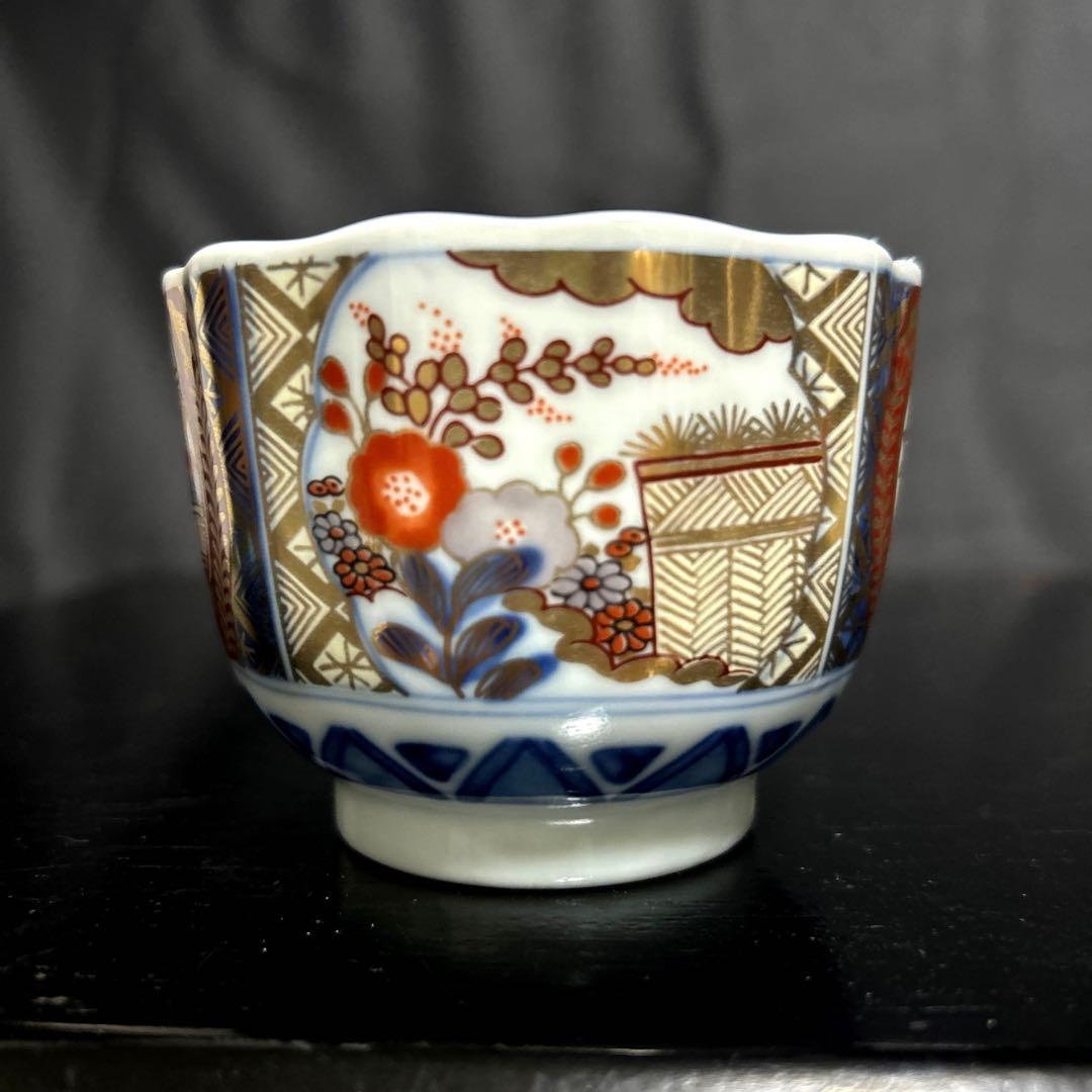 有田焼　龍峯窯　古伊万里　染付色絵金襴手　赤絵窓絵草花　小鉢　輪花鉢　蕎麦猪口