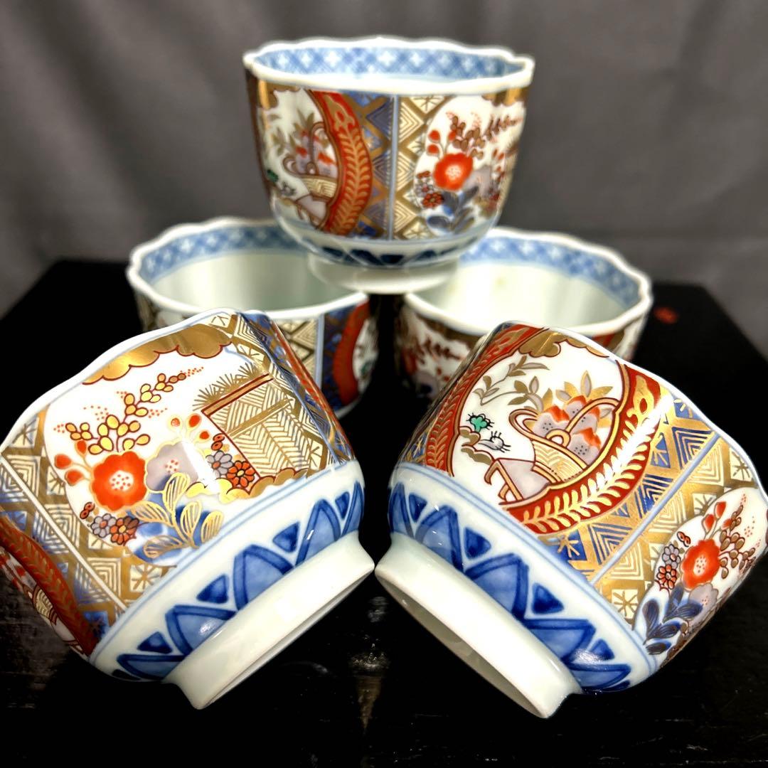 有田焼　龍峯窯　古伊万里　染付色絵金襴手　赤絵窓絵草花　小鉢　輪花鉢　蕎麦猪口