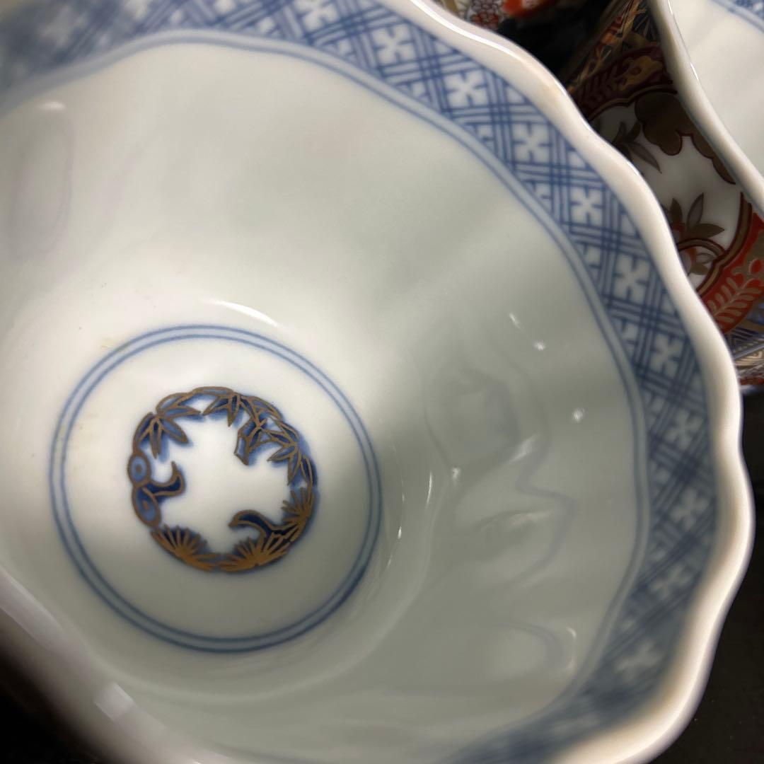 有田焼　龍峯窯　古伊万里　染付色絵金襴手　赤絵窓絵草花　小鉢　輪花鉢　蕎麦猪口