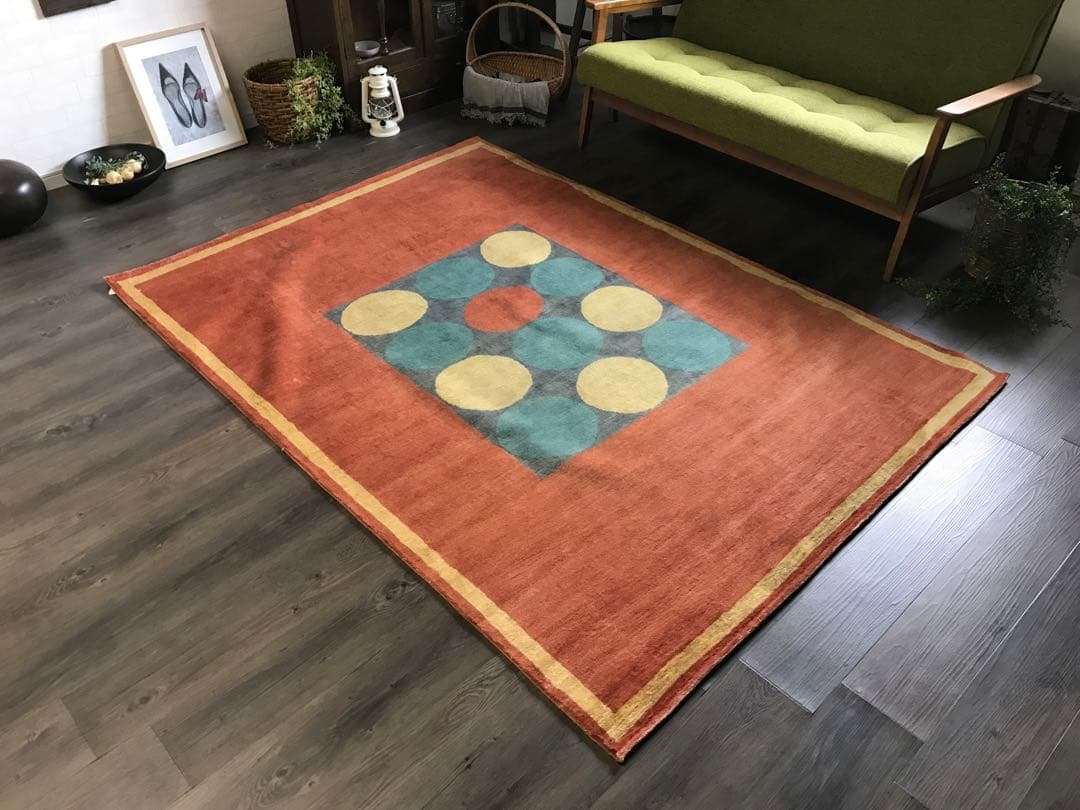 美品 144x201cm 手織り パキスタン 絨毯 ラグ ラグマット 幾何学模様