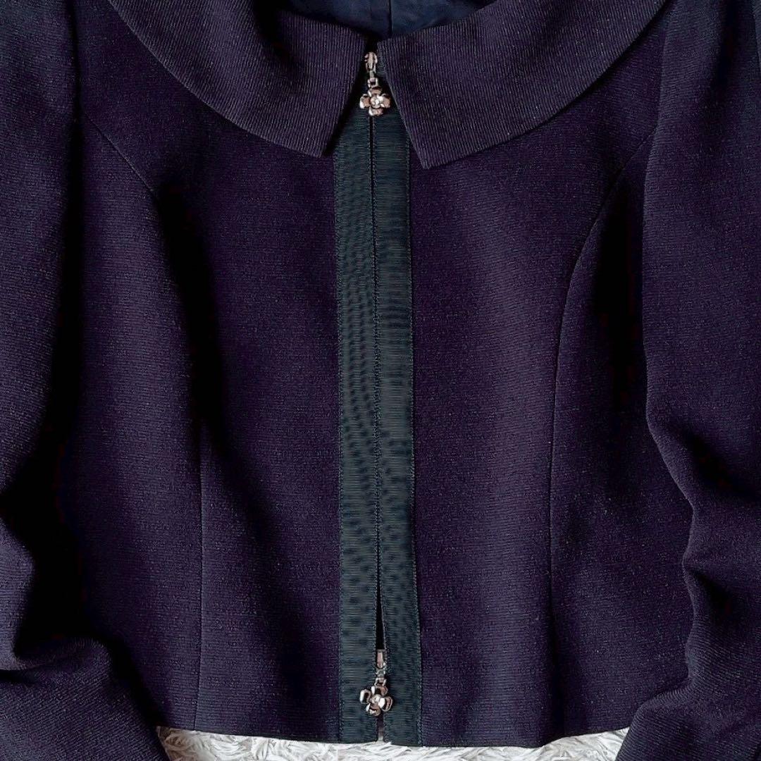 【美品】エムズグレイシー カメリアジップジャケット 襟付き 紺ネイビー