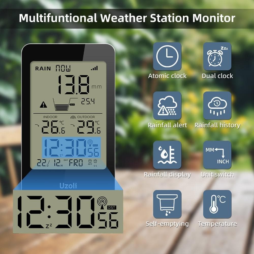 Uzoli 多機能気象ステーション 雨量計 温度計 原子時計 庭 屋外用