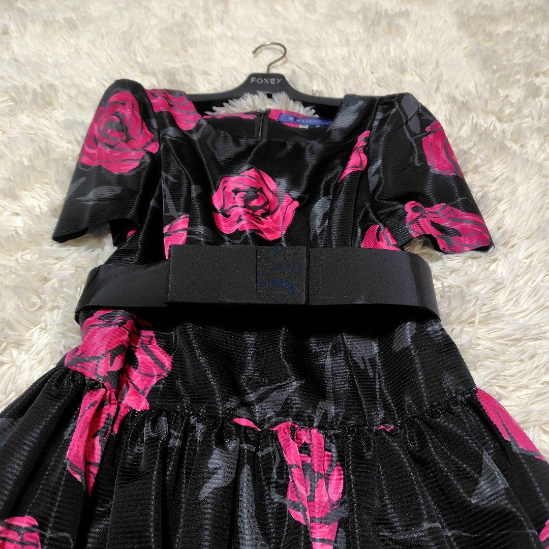 【美品♡ふんわりバルーン】エムズグレイシー　ローズ×リボンベルトワンピース　黒