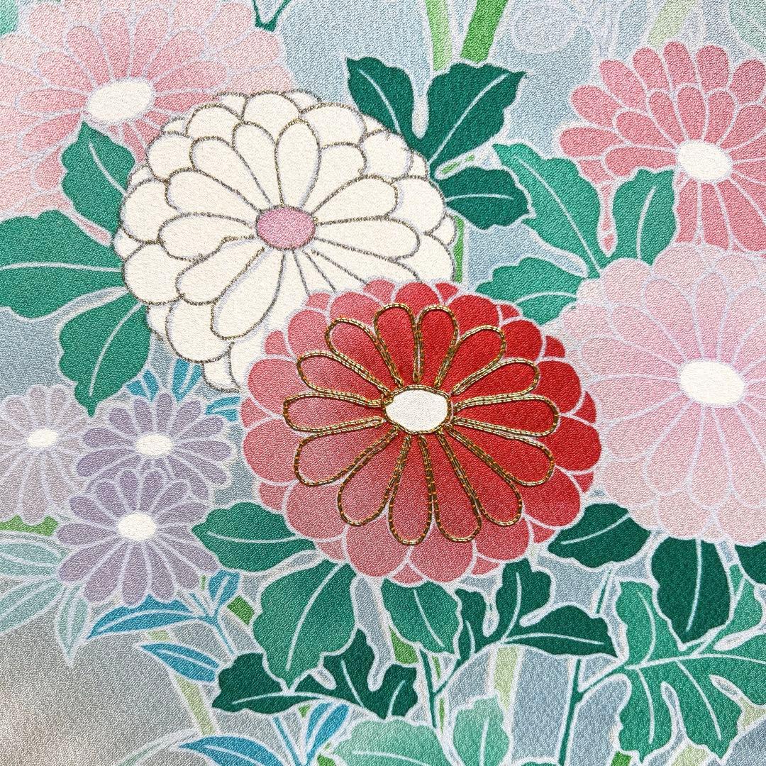 振袖　金駒刺繍　金彩　菊花　牡丹　ライトブルー　成人式　着物　101b d