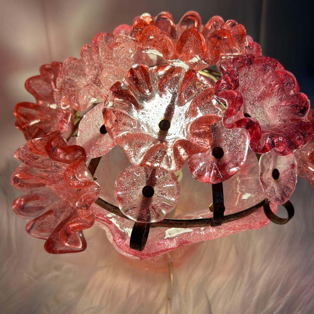 岩田工芸ガラス 照明 ランプ ピンク 花柄 日本製 レトロ　花ガラスアンティーク