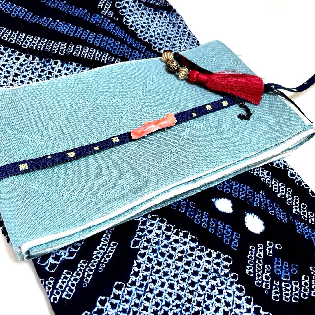 有松鳴海絞り 唐草模様 広襟そう手縫い仕立て 濃紺×ブルー 洗い済み 美品S