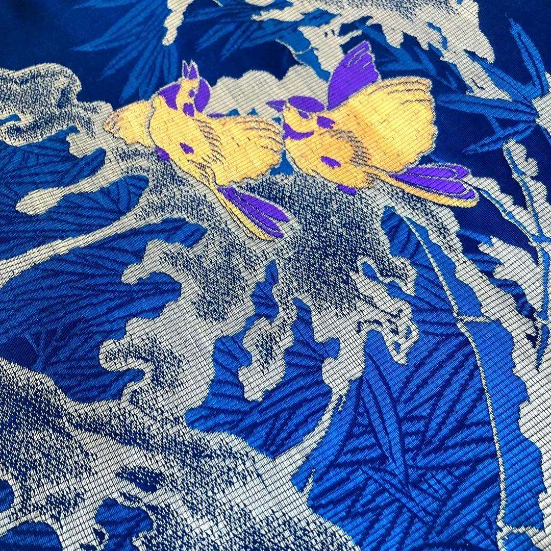 アンティーク京袋帯　小鳥の織り出し　青紺色　大正ロマン　昭和レトロ　N7-25