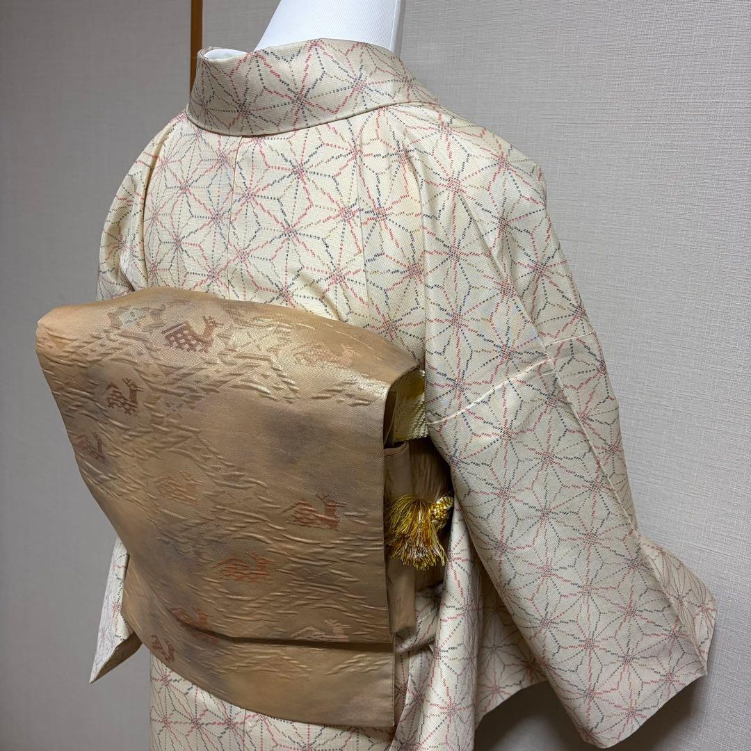 未使用近い　美品　袷　正絹　白紬　十日町紬系　小紋　フルセット