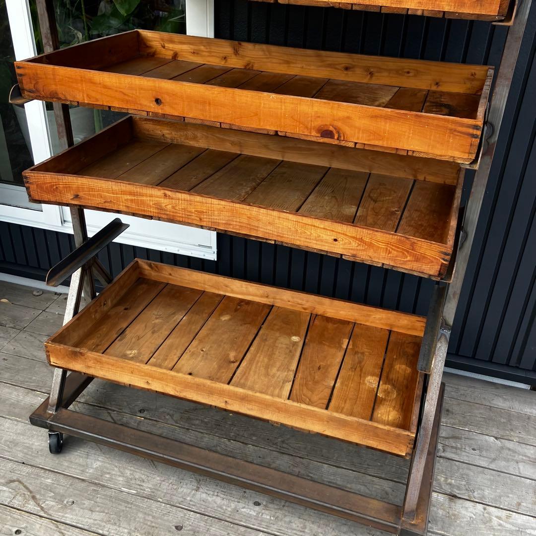 ヴィンテージ アイアンフレーム 木製バスケット トロリーワゴン インダストリアル