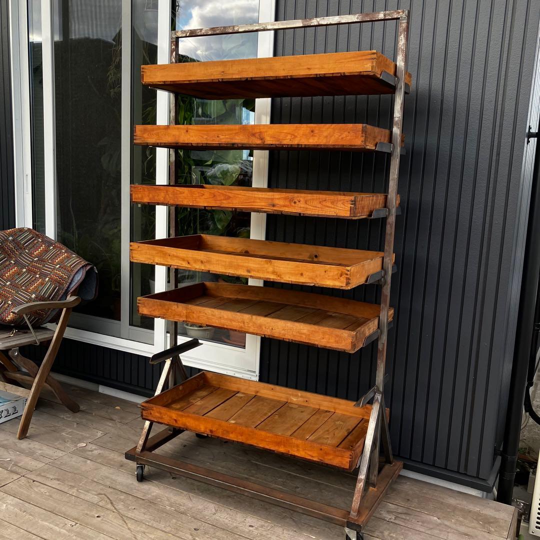 ヴィンテージ アイアンフレーム 木製バスケット トロリーワゴン インダストリアル