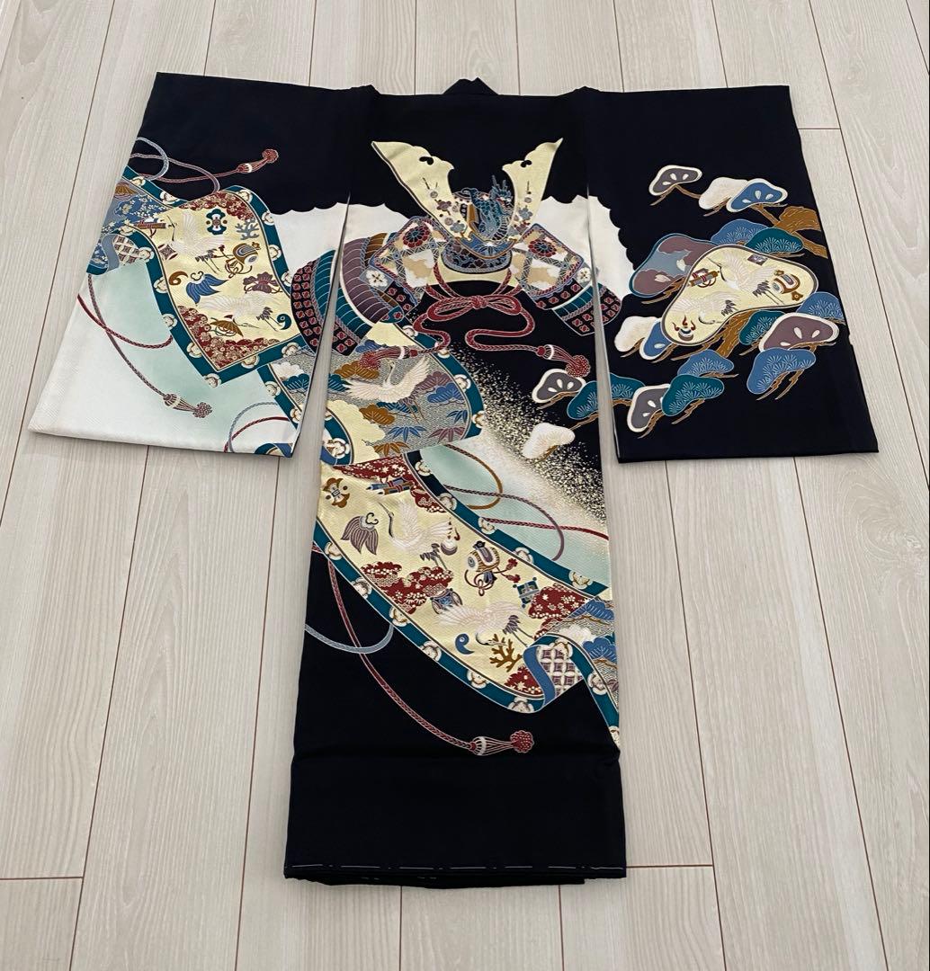 お宮参り 着物 男の子 産着 黒 兜 巻物 松 鶴 正絹 羽織