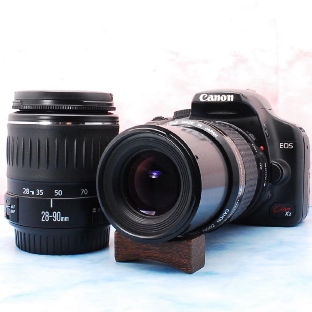 キャノン Kiss X2☆バッグ付☆望遠レンズ付Wレンズ☆一眼レフカメラ