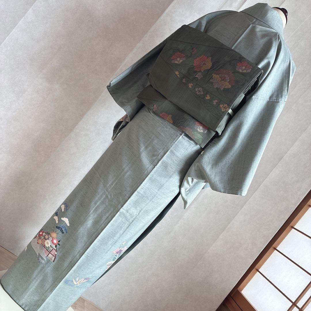 訪問着　フルセット　着物　正絹　紬　四季草花　風情　N1