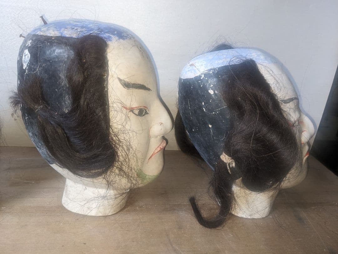 日本の伝統的木製人形の頭4点セット 文楽 幕末~明治 伝統工芸 骨董