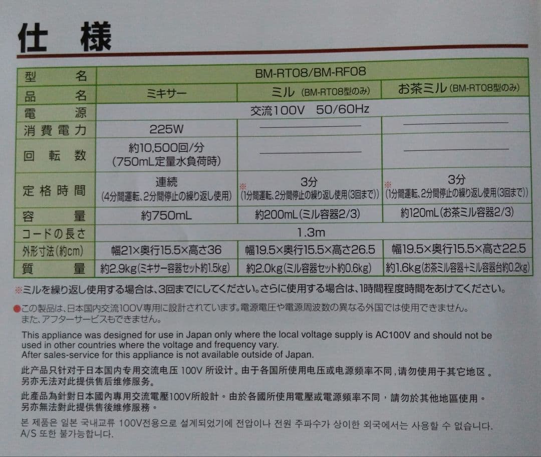 ZOJIRUSHI ミルつきミキサー BM-RT08-GA グリーン