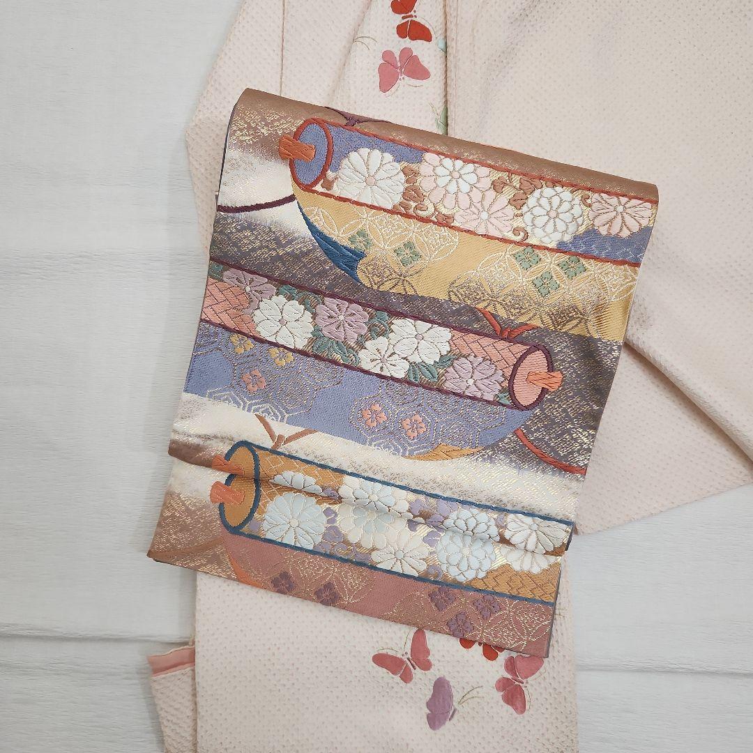 未使用に近い　総絞り刺繍訪問着　蝶々　淡い桜色　付け下げ　阪急扱い　正絹