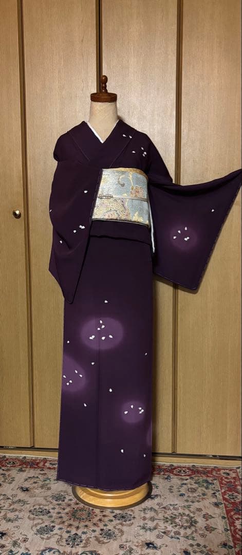 正絹縮緬　小桜、蛍暈し訪問着　 小豆紫【洛楽人工房】トール裄長 未使用　美品