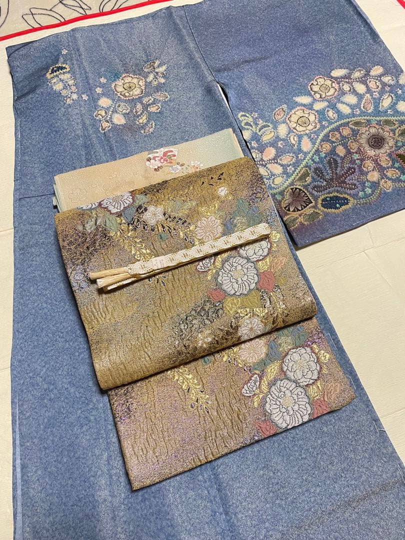 訪問着フルセット　辻ヶ花　作家　落款　絞り　銀通し　ふくれ帯　しつけ糸付