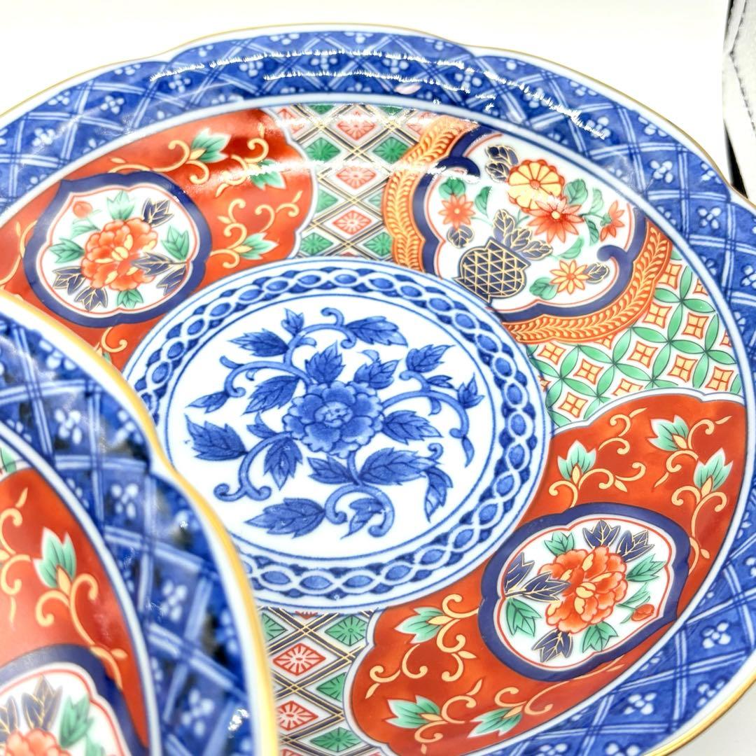 有田焼　明宝窯　中皿　5枚セット　金彩色絵　間取花紋　銘々皿　染錦　古伊万里意匠