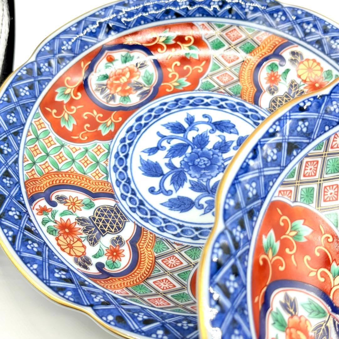 有田焼　明宝窯　中皿　5枚セット　金彩色絵　間取花紋　銘々皿　染錦　古伊万里意匠