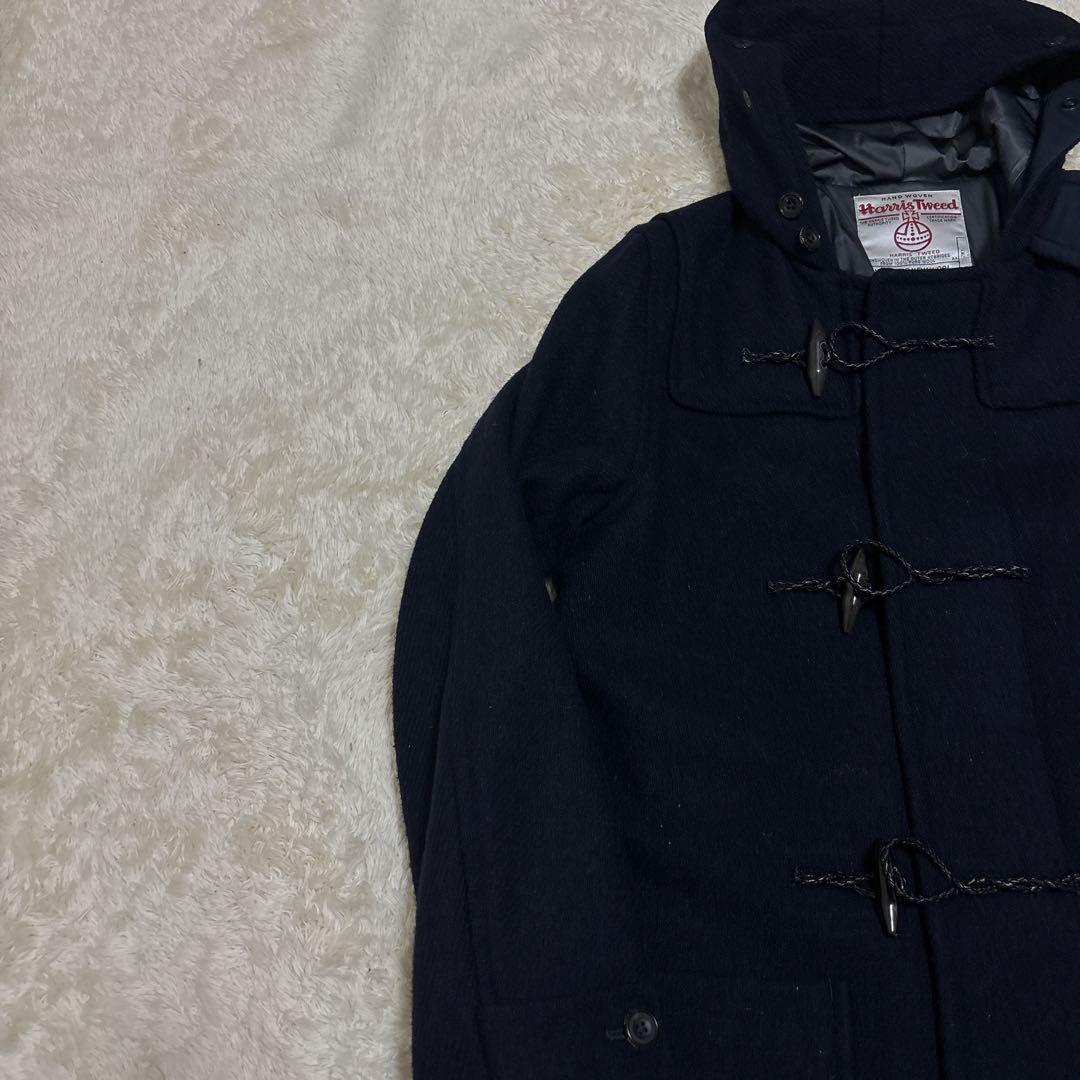 ハリスツイード×ビームスプラス ダッフルコート ロング L フード 牛革 紺
