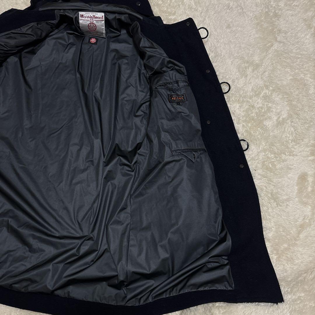 ハリスツイード×ビームスプラス ダッフルコート ロング L フード 牛革 紺