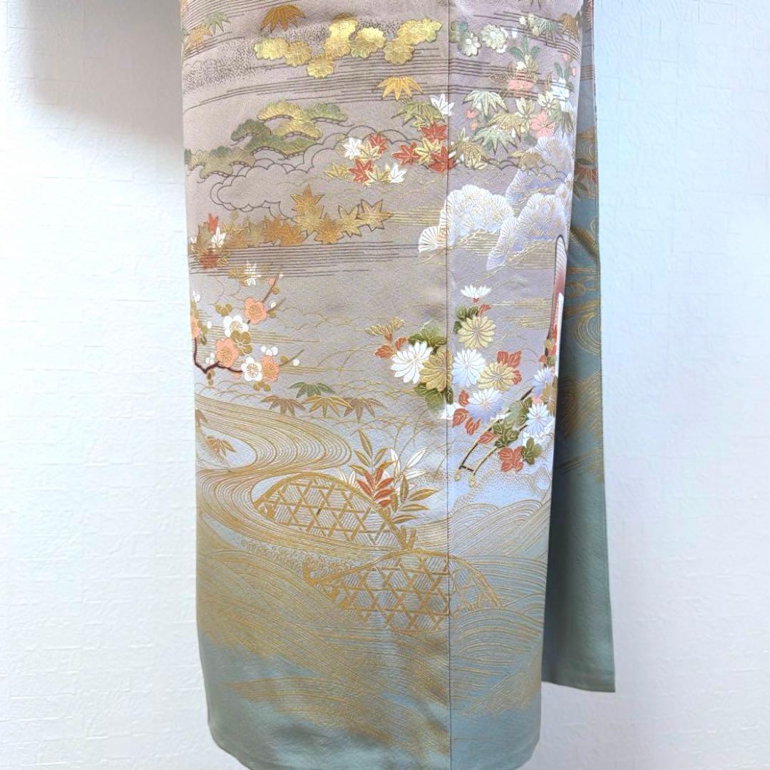 498 訪問着フルセット 正絹 一つ紋 ベージュ グレージュ 金彩 暈し染め