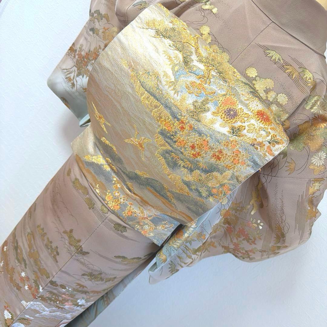 498 訪問着フルセット 正絹 一つ紋 ベージュ グレージュ 金彩 暈し染め