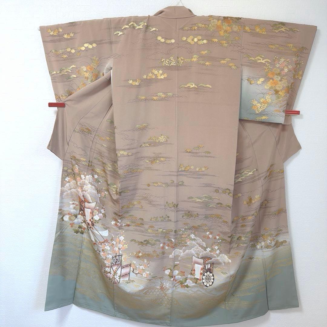 498 訪問着フルセット 正絹 一つ紋 ベージュ グレージュ 金彩 暈し染め