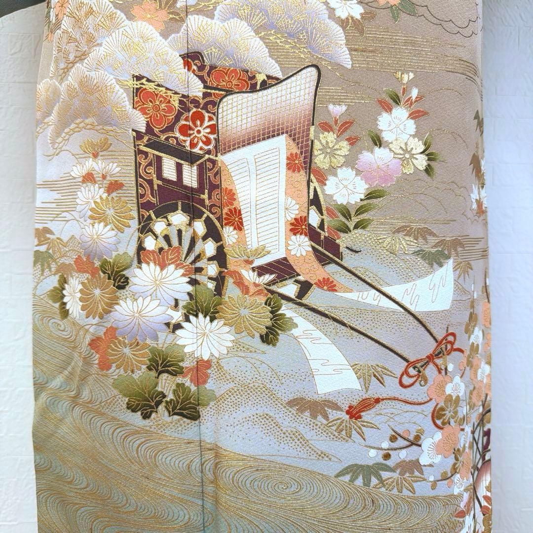 498 訪問着フルセット 正絹 一つ紋 ベージュ グレージュ 金彩 暈し染め