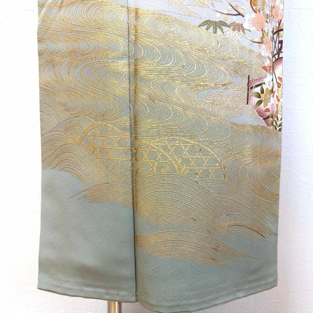 498 訪問着フルセット 正絹 一つ紋 ベージュ グレージュ 金彩 暈し染め