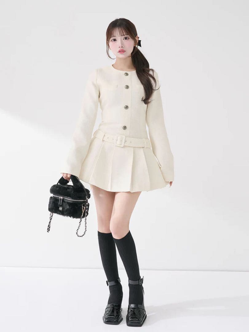 新品タグ付 ダーリッチ ボックスプリーツツイードミニワンピース ホワイト フリー