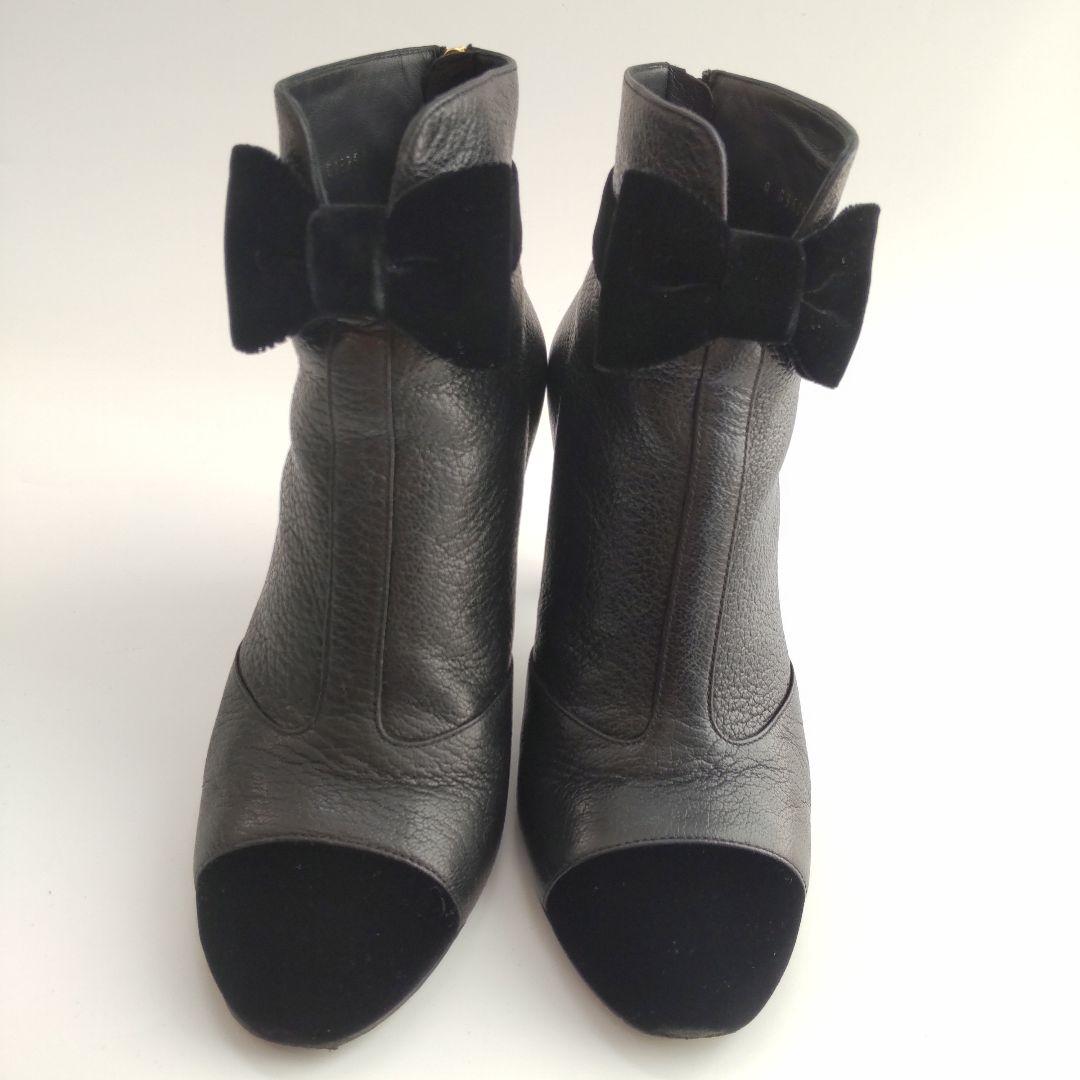 美品 シャネル リボン ココマーク ベロア ショートブーツ レザー ブラック