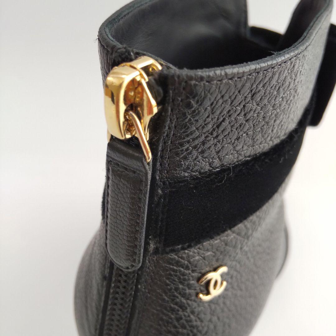 美品 シャネル リボン ココマーク ベロア ショートブーツ レザー ブラック