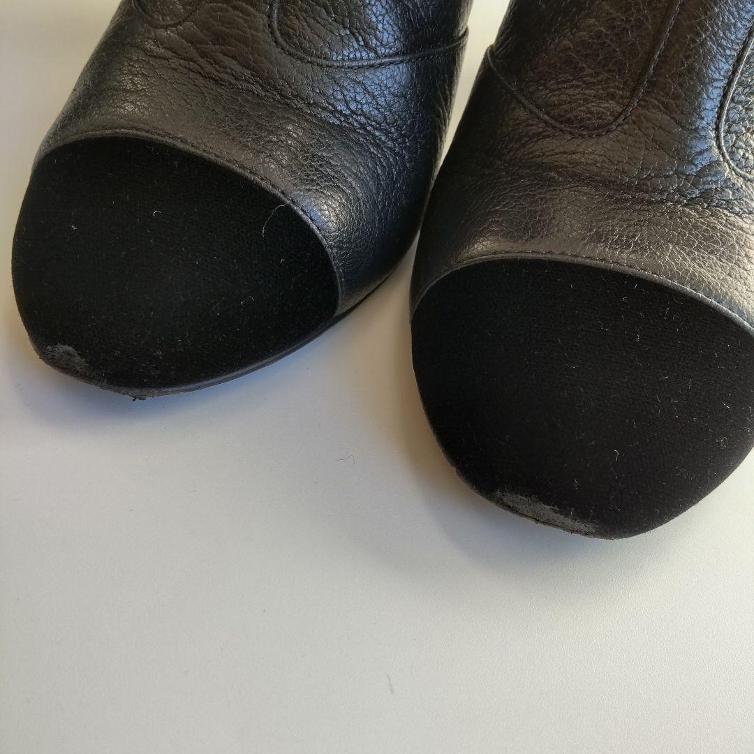 美品 シャネル リボン ココマーク ベロア ショートブーツ レザー ブラック