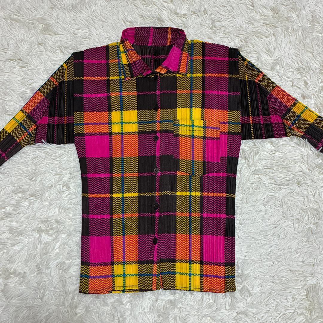 【美品】ISSEI　MIYAKE　プリーツプリーズ　長袖チェックシャツ　Lサイズ