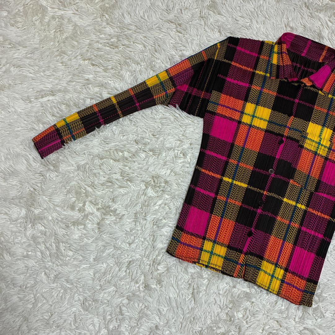 【美品】ISSEI　MIYAKE　プリーツプリーズ　長袖チェックシャツ　Lサイズ