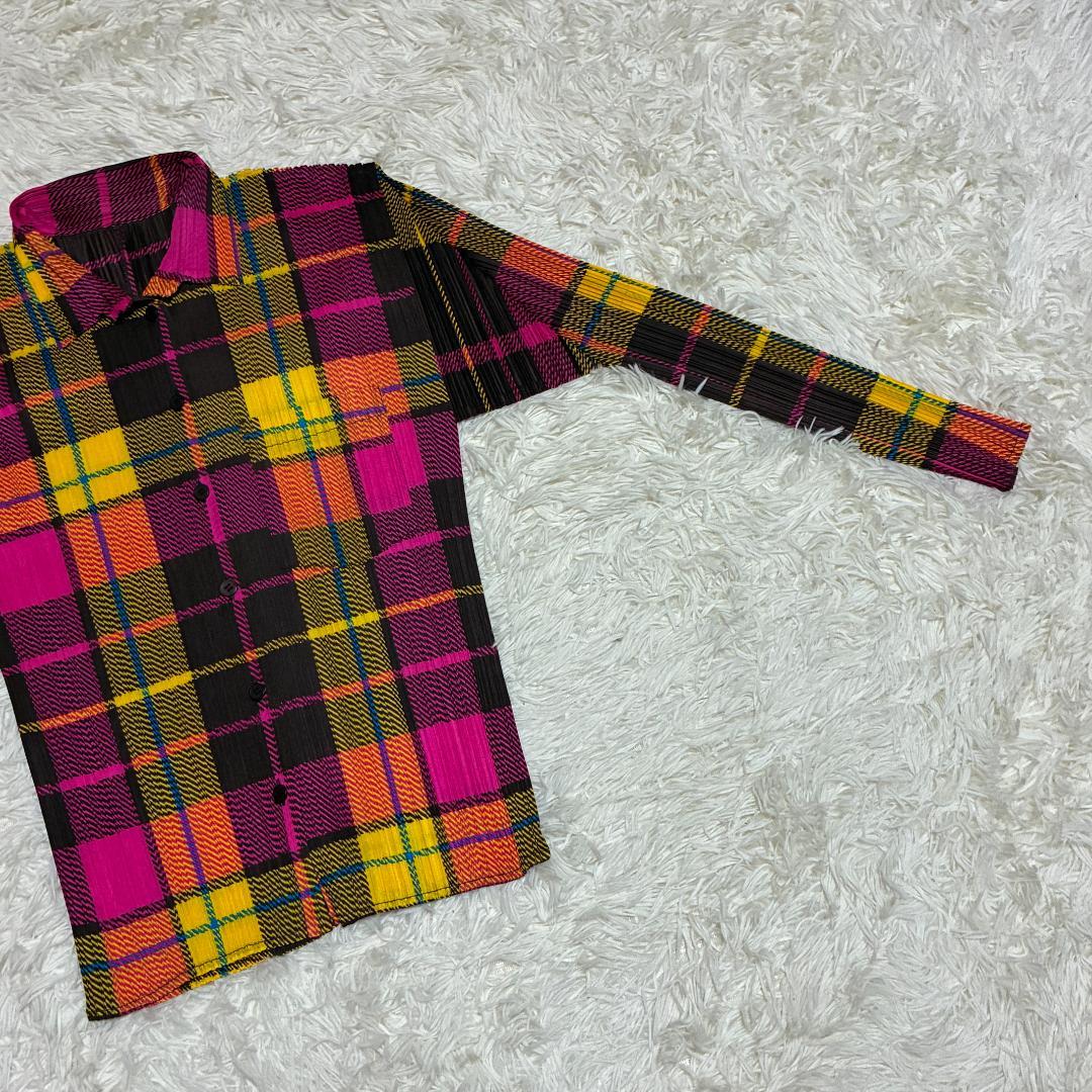【美品】ISSEI　MIYAKE　プリーツプリーズ　長袖チェックシャツ　Lサイズ